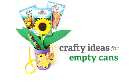 'crafty ideas for empty cans' next to a decorated can