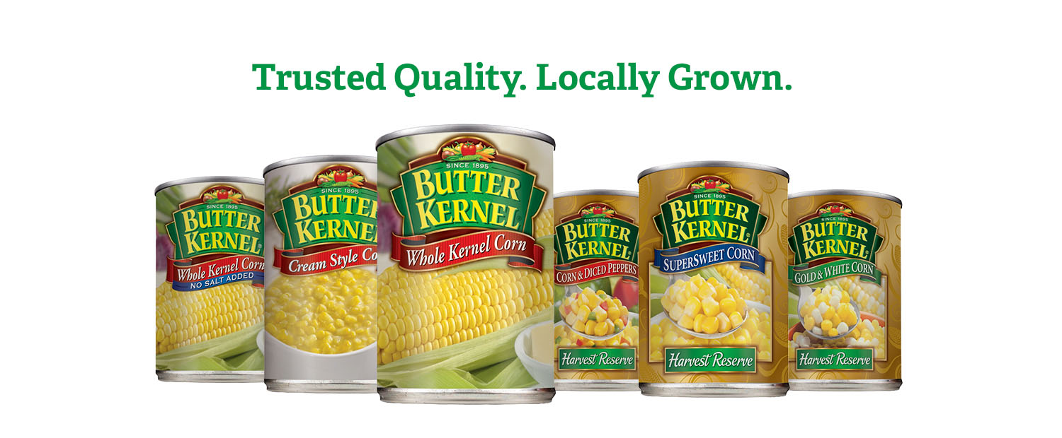 "Trusted quality. Locally grown." Multiple cans of food